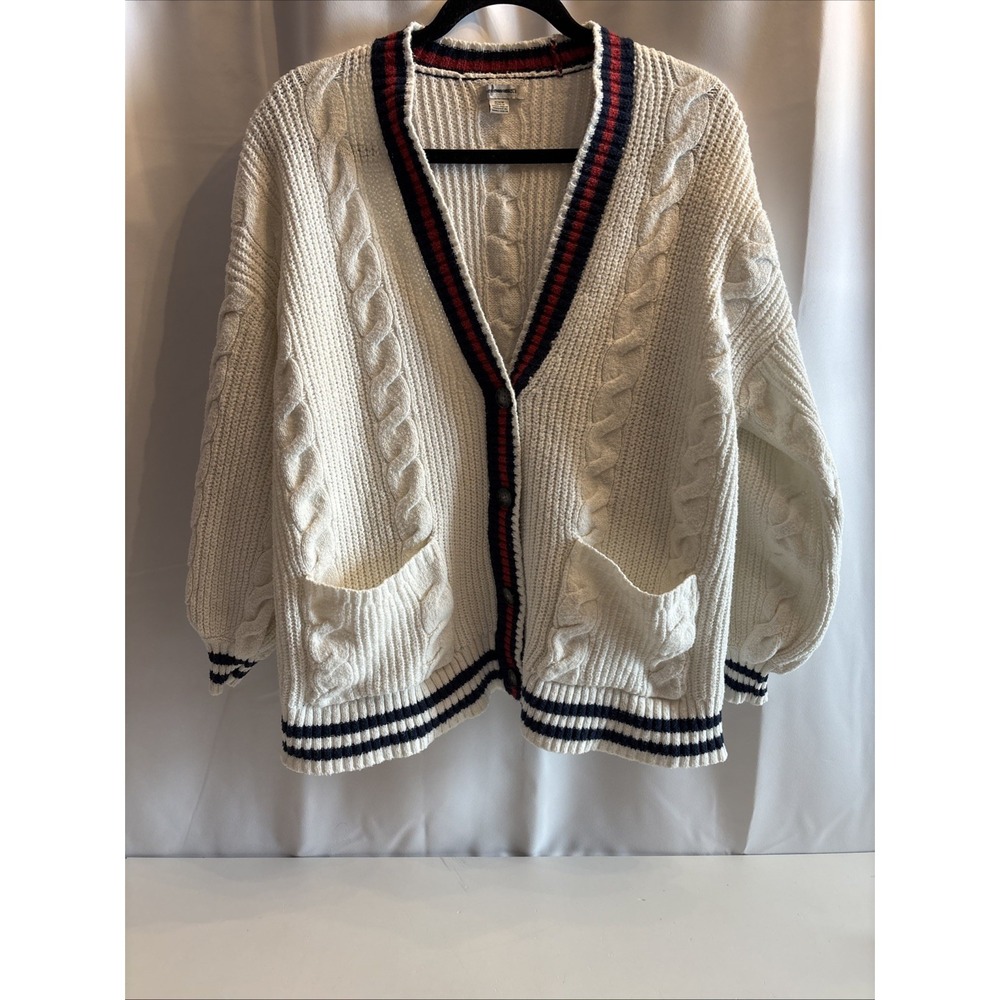 American Eagle Cream Cable Knit Varsity Cardigan‎ Striped Trim Women's M Preppy